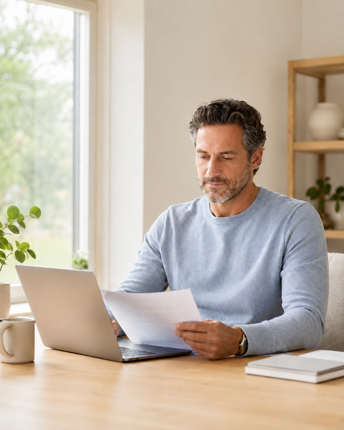 Man in his 40s at a desk, working with a document under natural light.