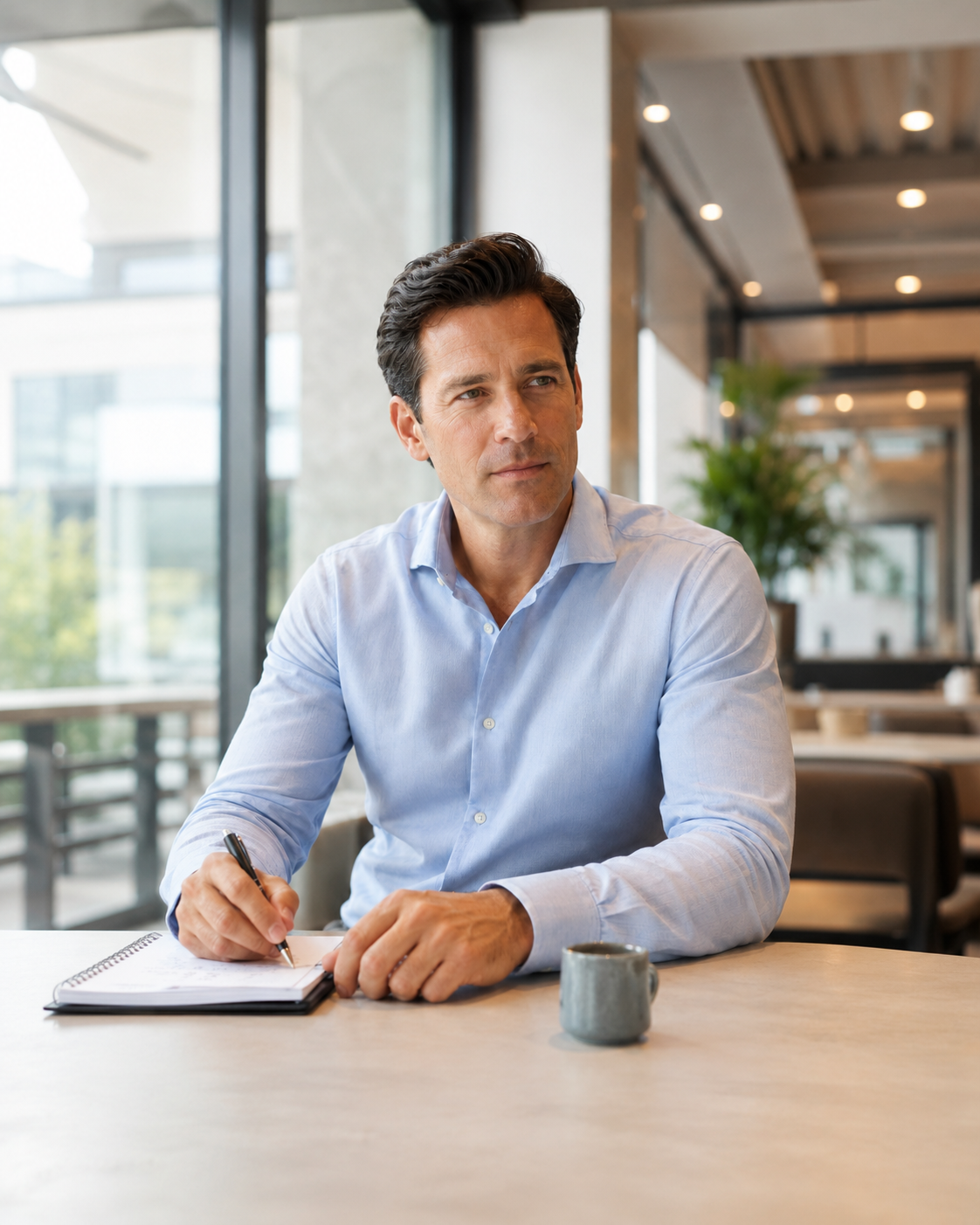 Man in his 40s in a light blue dress shirt seated at a wooden table in a modern office, writing in a notebook with a coffee mug nearby, composed and focused.