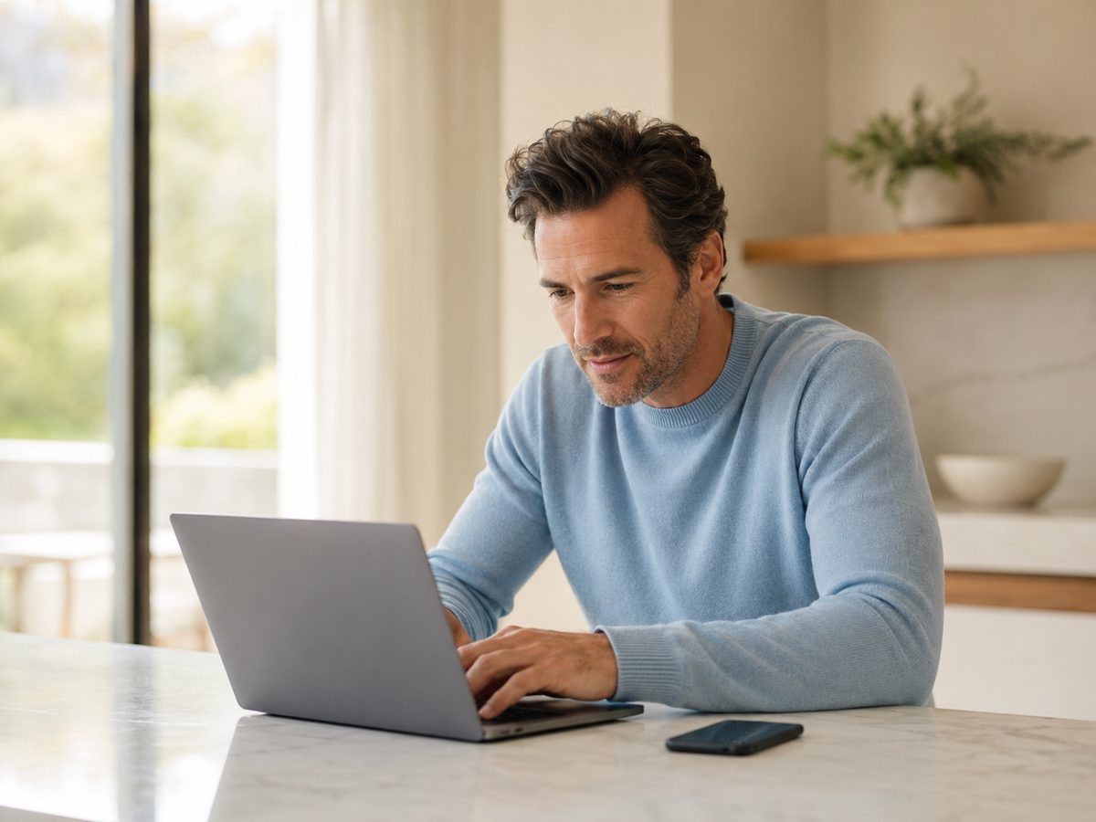 A man at home reviewing protocol options on a laptop in morning light.
