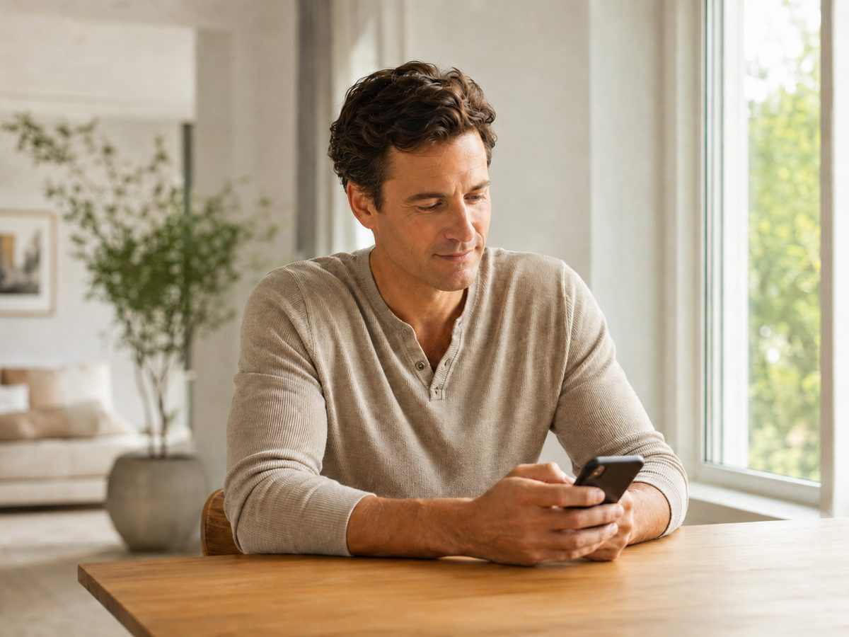 A man completing a medical questionnaire on a phone at a table.