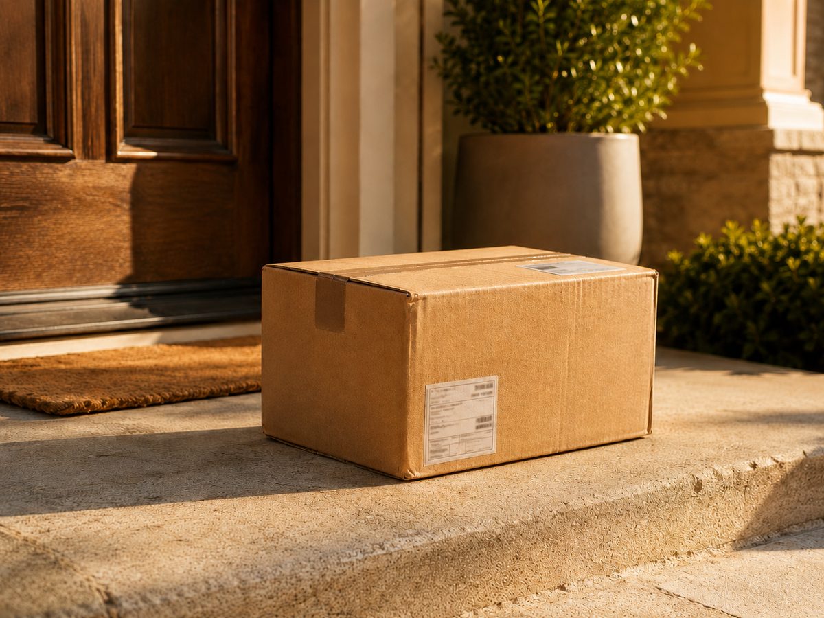 A plain, unbranded parcel on a residential doorstep.