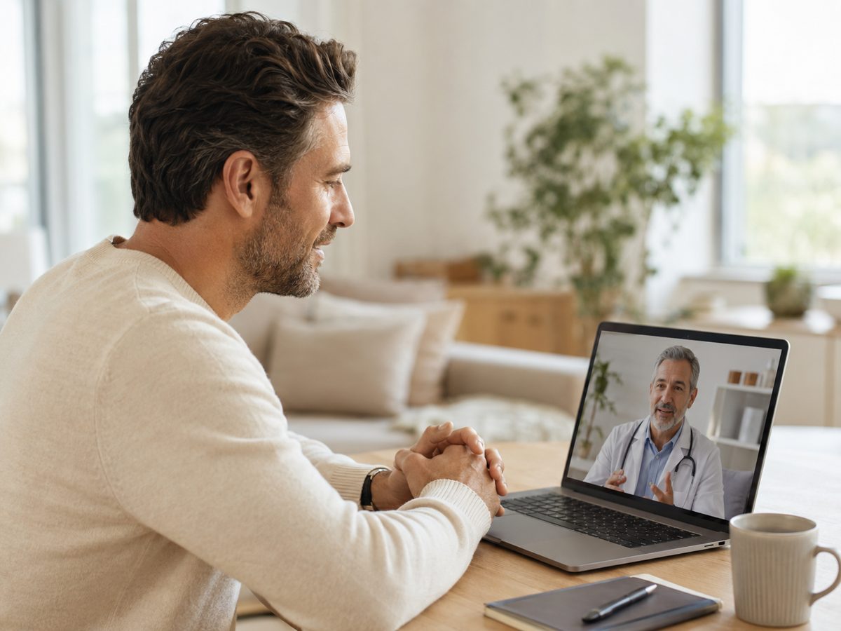 A man checking a message from his care team on his phone at home.